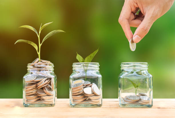 istock Cropped Image Of Hand Putting Coins In Jars With Plants 755740897