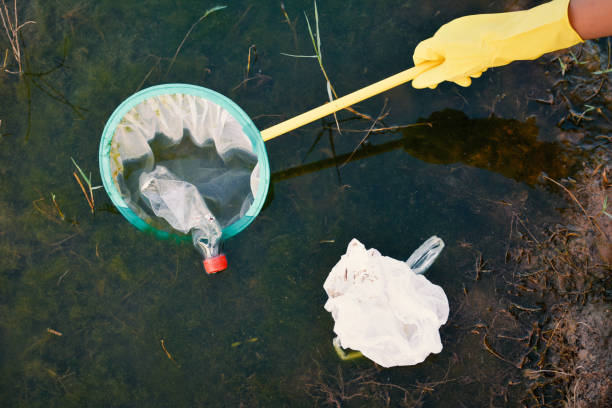 istock Cropped Hand Removing Bottle From Net Floating In Lake 758534751