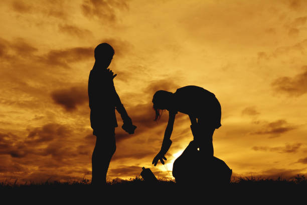 istock Silhouette Siblings On Field Against Orange Sky 760243593