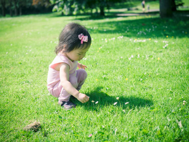 istock Girl Reaching For Flower While Crouching On Grassy Field 760253501