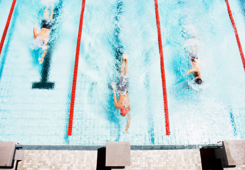 Race, sports and people swimming in a pool for cardio, competition and training. Fitness, exercise and athletes in the water for recreation, a hobby or practicing laps for sport and a workout