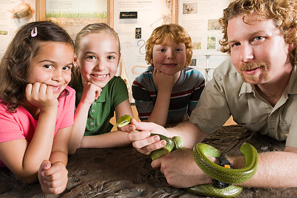 dzieci i dozorca w zoo z snake - discovery elementary school field trip zoo zdjęcia i obrazy z banku zdjęć