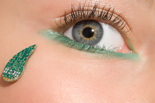 Closeup of female eye with a green eyeshadow