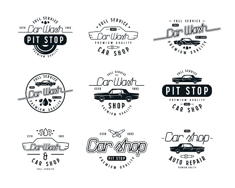 Car service emblems. Car wash and car shop labels. Isolated on white background