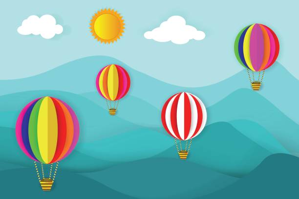 ilustrações de stock, clip art, desenhos animados e ícones de float balloon tours, hot air balloon rides illustration with nature background - air nature high up pattern