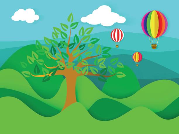 ilustrações de stock, clip art, desenhos animados e ícones de float balloon tours, hot air balloon rides with nature background - air nature high up pattern