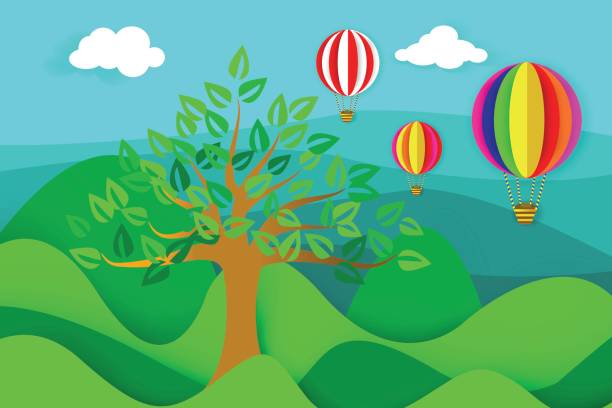 ilustrações de stock, clip art, desenhos animados e ícones de float balloon tours, hot air balloon rides illustration with nature background - air nature high up pattern