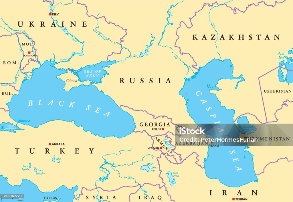 黒海とカスピ海の地域政治地図 - 地図のロイヤリティフリーベクトルアート