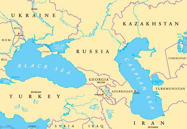 Black Sea and Caspian Sea region political map Black Sea and Caspian Sea region political map with capitals, international borders, rivers and lakes. Bodies of water between Eastern Europe and Western Asia. Illustration. English labeling. Vector. caucasus stock illustrations