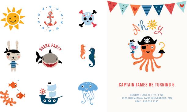 ilustraciones, imágenes clip art, dibujos animados e iconos de stock de diseño de tarjeta y elementos set_05 - shark animal blue cartoon