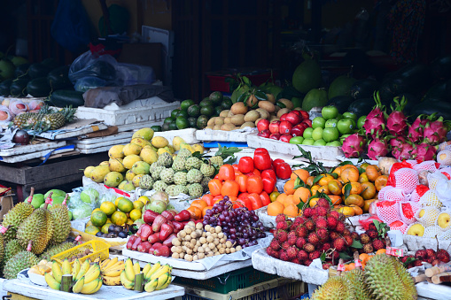 Colourful tropical fruits on a foodmarket in Vietnam