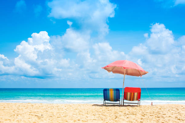 istock Beach chairs with umbrella and sand beach in summer. 800279744