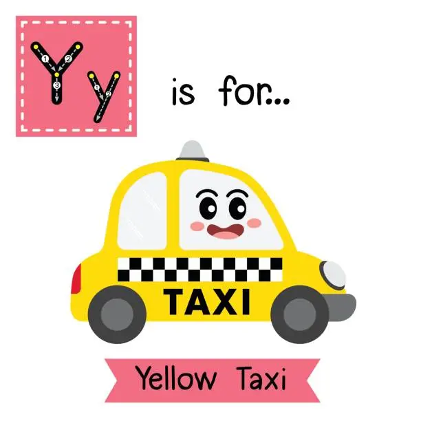 Vector illustration of Letter Y tracing. Yellow Taxi