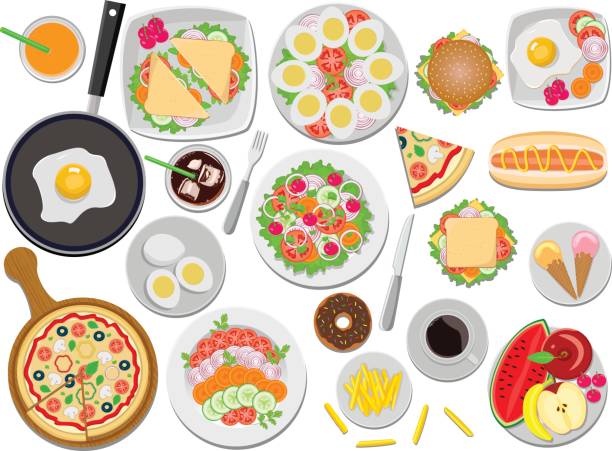 Delicious Food Delicious Food in this file flat color and gradiation color used,clipping mask yes, all elements separate grouped and separate layered and easy to edit for similar images visit my portfolio omelette on the plate stock illustrations