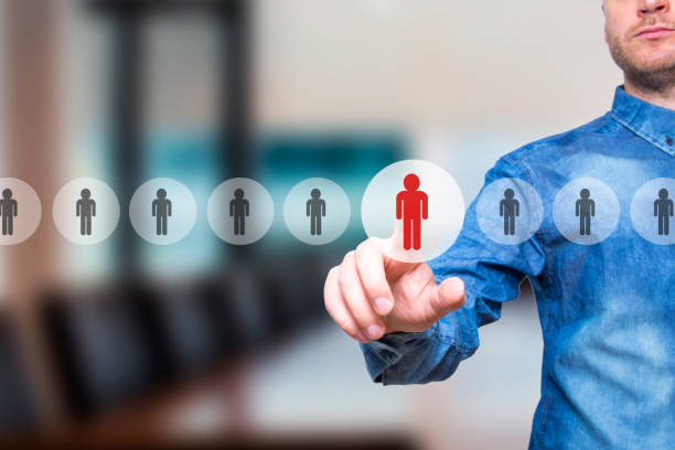istock Man pressing button on virtual screens. Business, technology, internet, networking and recruitment concept - Isolated on grey background. Stock Photo 800293010