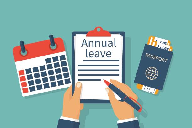 Annual leave vector Annual leave. Holiday break enjoyment. Man at the desk writes in the clipboard. Calendar and passport with tickets for air travel. Vector illustration flat design. Isolated on background. annual event stock illustrations