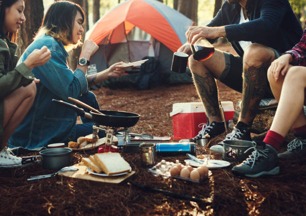 istock Camping cooking in a forest with friends 800327220