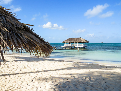 Paradise beach in Cayo Santa Maria, Cuba. View of a perfect desert coast with white sand and blue turquoise sea.