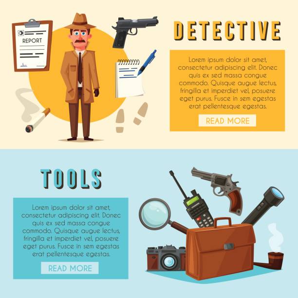 Funny detective character. Cartoon vector illustration Funny detective character. Cartoon vector illustration. Cheerful inspector in raincoat. Man in hat. sherlock holmes icon stock illustrations