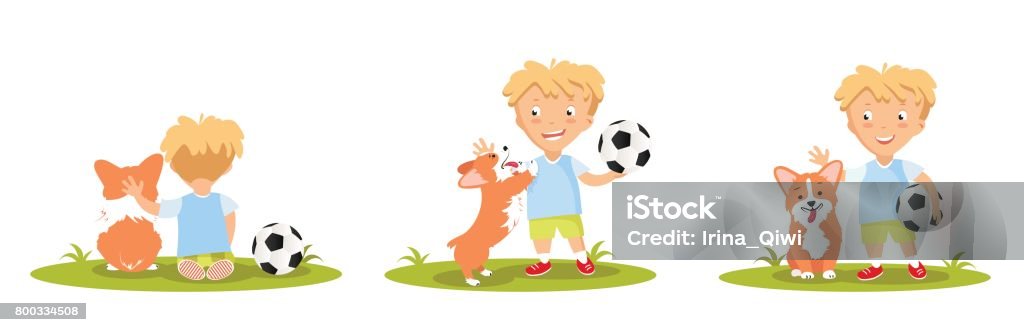 Set of cute little boy playing with his dog. Set of cute little boy playing with his dog. Vector illustration Animal stock vector