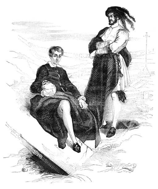 셰익스피어 햄릿과 호 레이 쇼 해골 1837 - william shakespeare portrait poet british culture stock illustrations