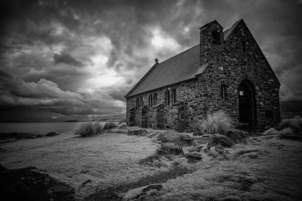 istock Lake Tekapo Church In Black And White 800345204