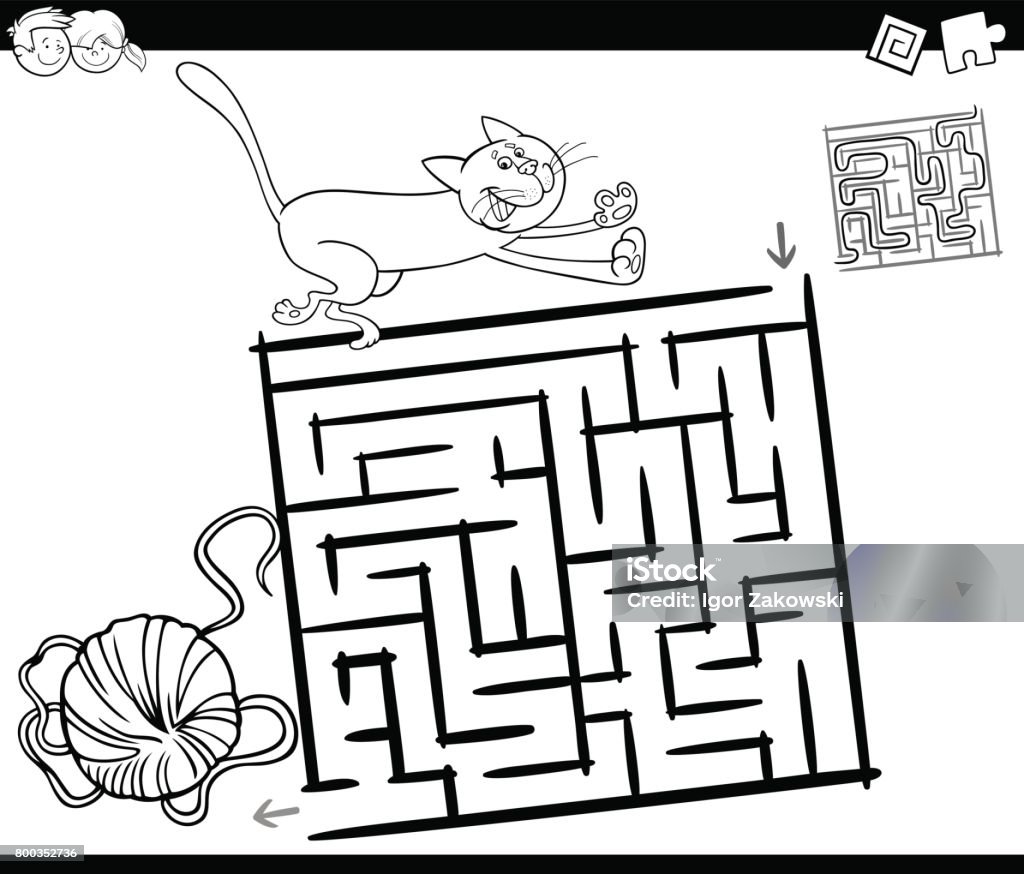 maze with cat and wool coloring page Black and White Cartoon Illustration of Education Maze or Labyrinth Game for Children with Cat and Ball of Wool Coloring Page Animal stock vector