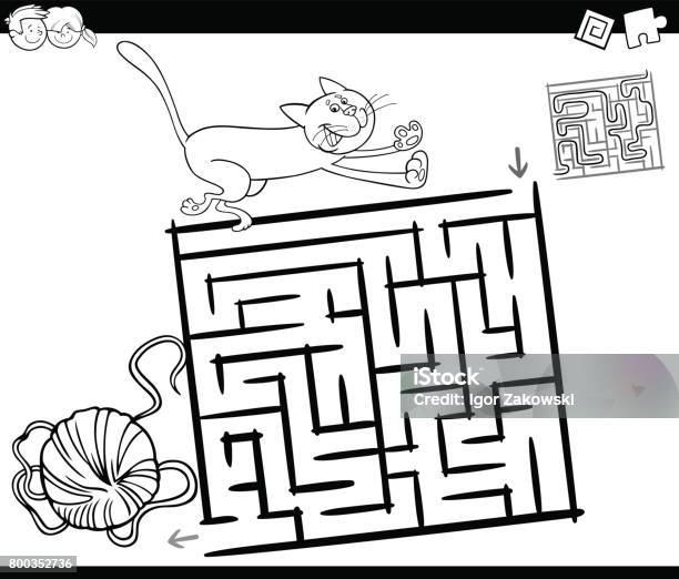 Maze With Cat And Wool Coloring Page Stock Illustration - Download Image Now - Animal, Black And White, Book