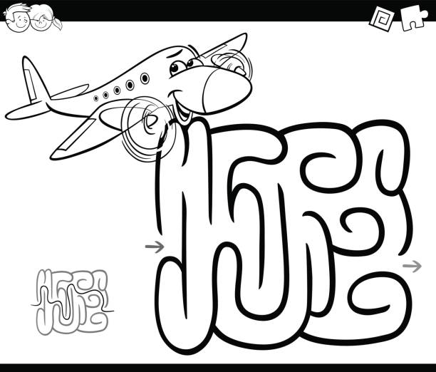 ilustrações, clipart, desenhos animados e ícones de página para colorir de avião de labirinto - airplane black and white fun child