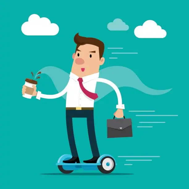 Vector illustration of Businessman holding a cup of coffee and briefcase going to work by hoverboard. Isolated vector illustration.