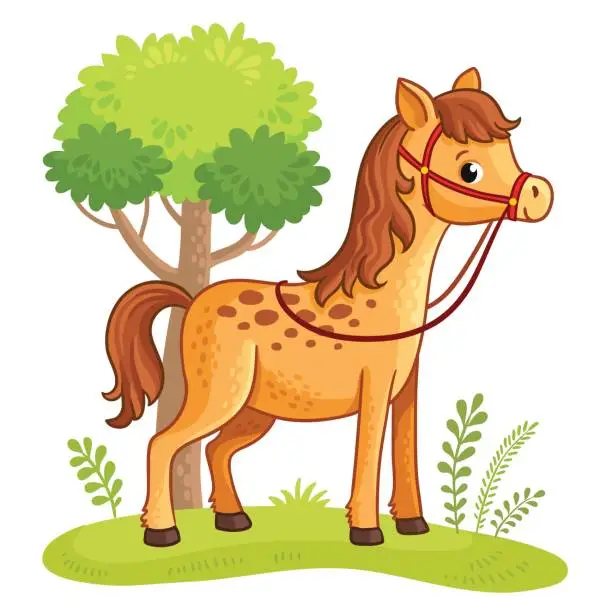 Vector illustration of Cartoon horse standing in a meadow.