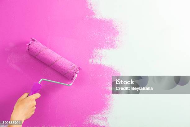 Closeup The Painter Paint The Wall Of The Room Stock Photo - Download Image Now - Pink Color, Paint, Painting - Activity