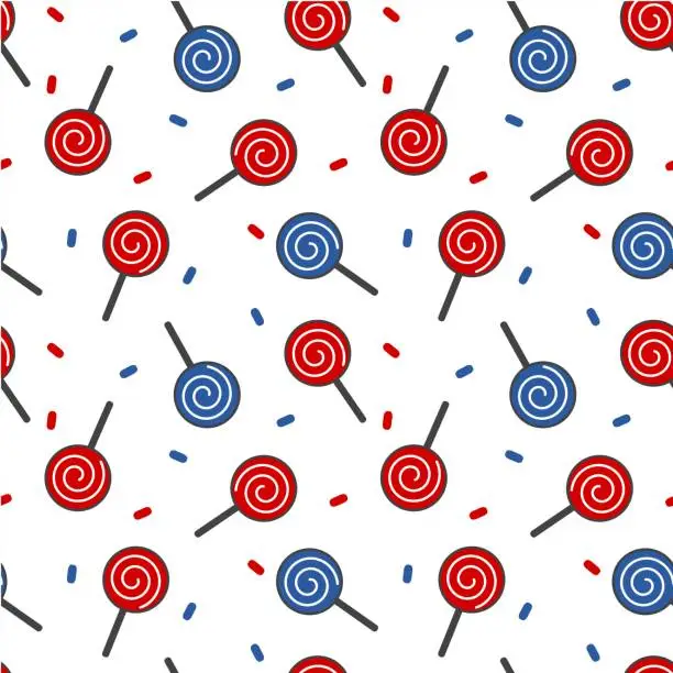 Vector illustration of US independence day cute blue and red lollipop and confetti seamless vector pattern background illustration