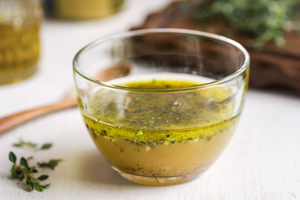 homemade vinaigrette with thyme by fresh ingredients - food vegan food gourmet vegetarian food imagens e fotografias de stock