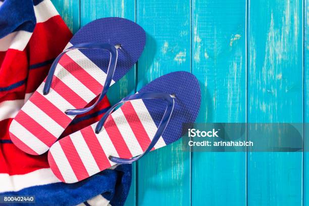 Flip Flops With Red White And Blue Pattern With July 4th Theme Stock Photo - Download Image Now