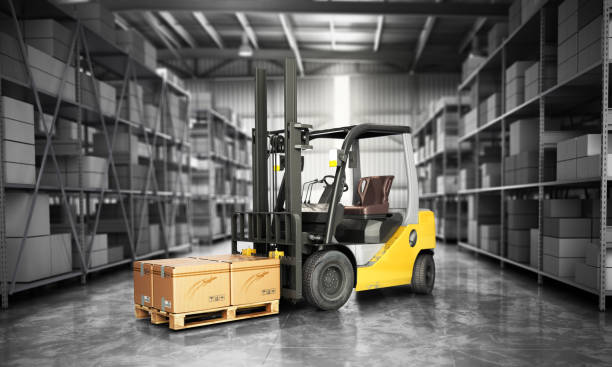 Concept of warehouse The forklift in the big warehouse delivery background 3d illustration stock photo