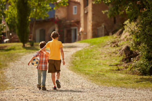 rear view of siblings walking on pathway - fratello foto e immagini stock