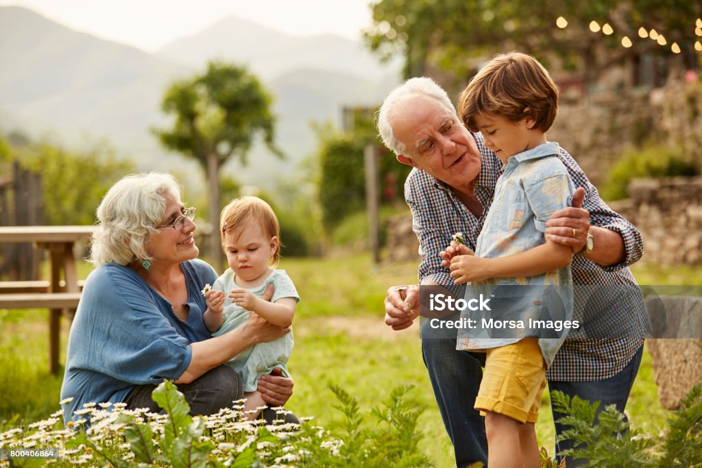 Grandparents talking to children in yard Grandparents talking to children. Family having leisure time in yard. They are wearing casuals. Grandparent Stock Photo