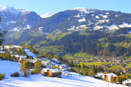 Zell am ziller and Mayrhofen - Majestic Zillertal, Tyrol Snowcapped mountain range panorama and Idyllic Tirol valley meadows, Austria