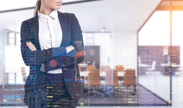 istock Confident woman in office hall, close up, double 800420078