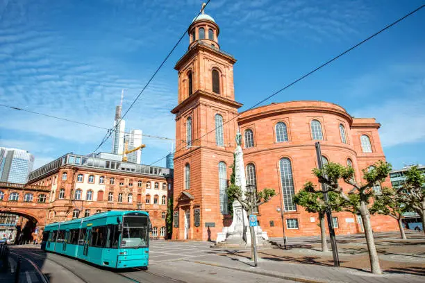 Morning view on the Pauls church with tram at the old town of Frankfurt city, Germany
