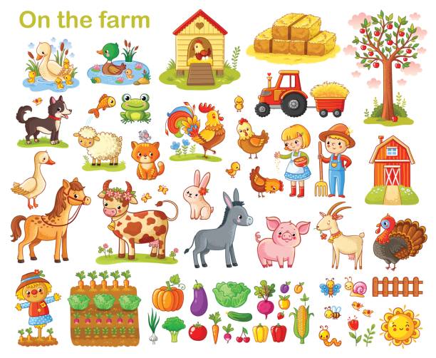 ilustraciones, imágenes clip art, dibujos animados e iconos de stock de granja con animales. - horse child animal feeding