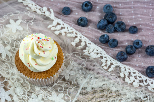 istock One usual vanilla cupcake with white cream with many blueberries 800426440