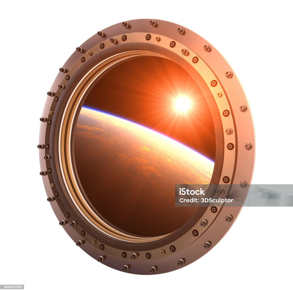 View On The Planet And Sun Through The Porthole Of Spaceship View On The Planet And Sun Through The Porthole Of Spaceship. 3D Illustration. Atmosphere Stock Photo