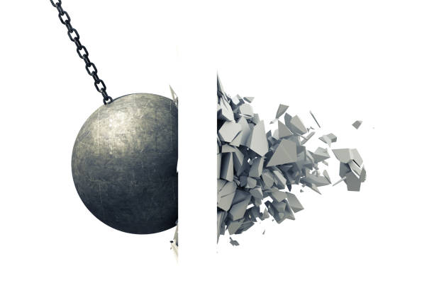 Metallic Wrecking Ball Shattering Wall Metallic Wrecking Ball Shattering Wall. 3D Illustration. hanging stone stock pictures, royalty-free photos & images