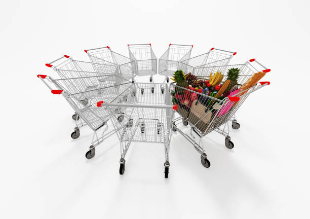 One Full Shopping Cart Among Empty Shopping Carts. 3D Illustration.