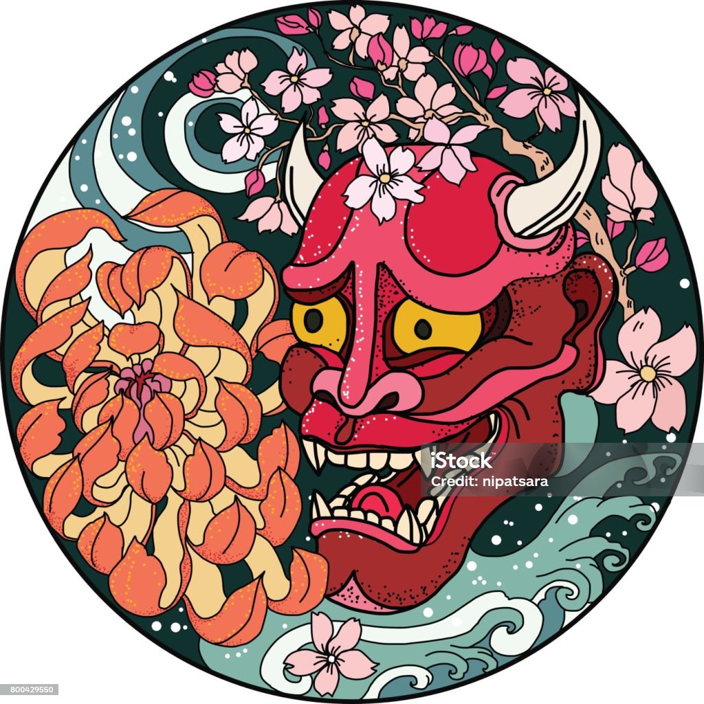Máscara de Oni com flor de Sakura e peônia - Vetor de Demônio - Personagem fictício royalty-free