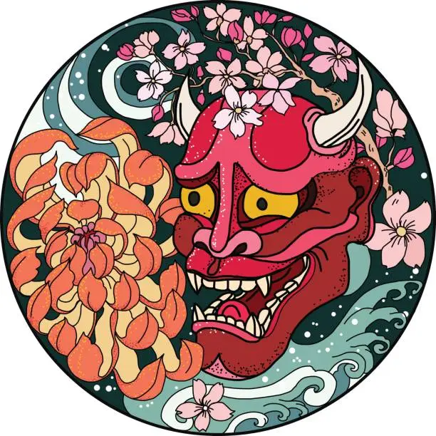 Vector illustration of Oni mask with Sakura and Peony flower