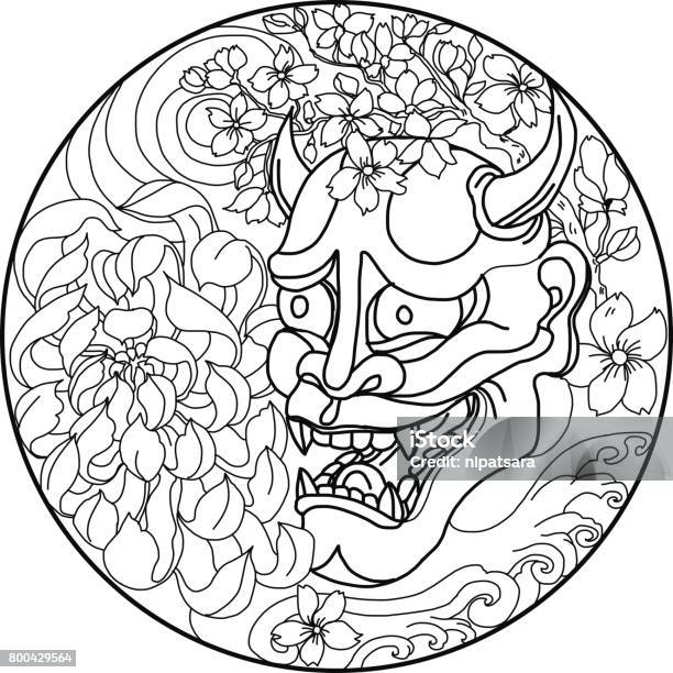 Oni Mask With Sakura And Peony Flower Stock Illustration - Download Image Now - Tattoo, Mask - Disguise, Art