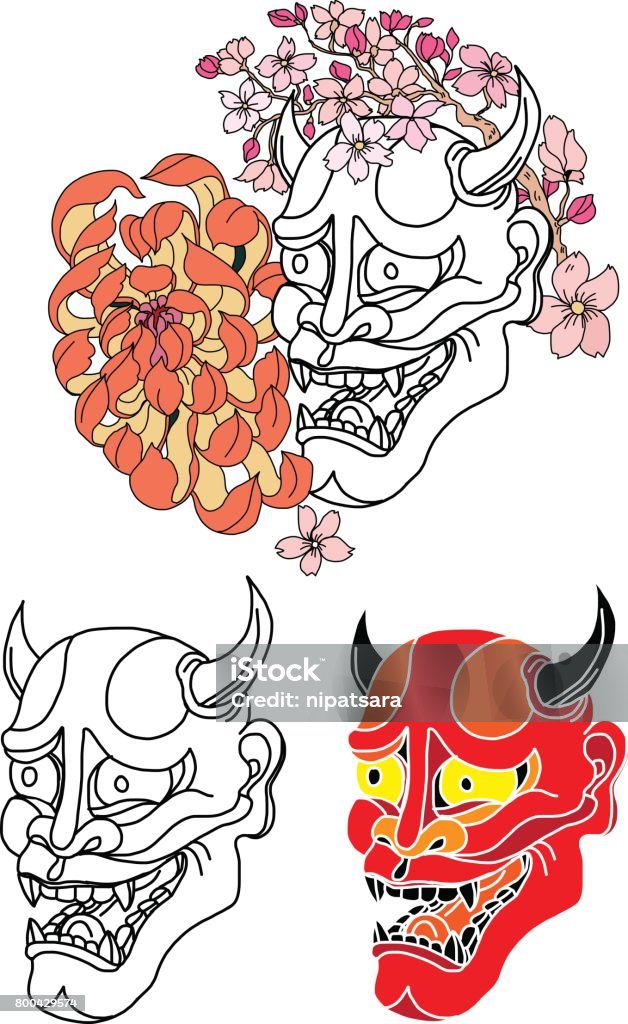 Oni mask with Sakura and Peony flower Hand drawn and Asian tattoo design,Oni mask with Sakura and Peony flower in circle Tattoo stock vector